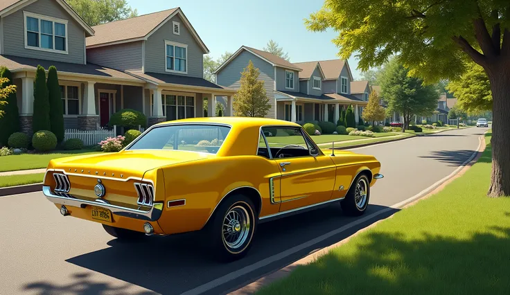 Yellow 1968 Mustang in a typical American suburb