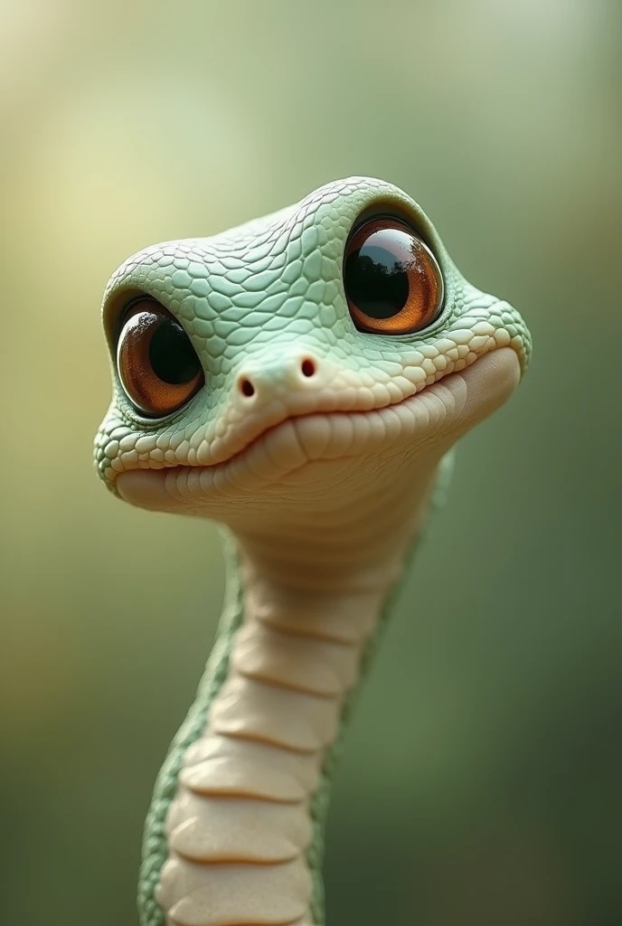 Create a picture of a snake head that looks cute with googly eyes looking at you but please make the background blurry