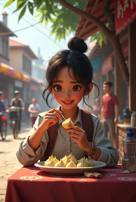 A girl name shreya eating momos in a town which name is Mandsaur 