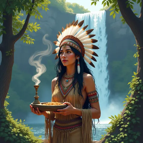 Illustration of a Cherokee Indian woman in a headdress, holding a turibano releasing smoke in a waterfall 