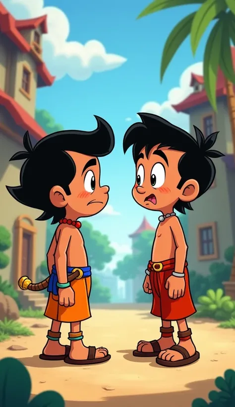 Chhota bheem biggest enemy is Kalia, who constantly tries to defeat him.**  
   - "Illustrate Kalia, a larger and stronger-looking boy, staring at Bheem with a determined yet frustrated expression, trying to come up with a plan to defeat him. Bheem stands ...