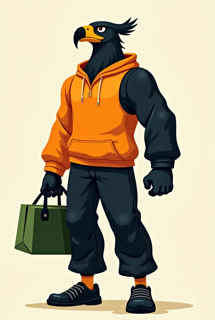 Hawk,alone,(Big head:1.2),The Mighty,orange,Black long-sleeved shirt,แขนเสื้อorange,Long black pants,Black shoes,Carrying a green delivery bag,2D cartoon