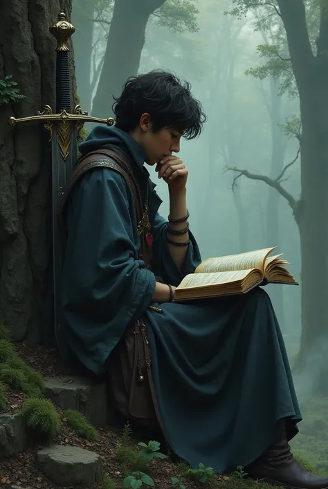  with diary in hand leaning on a knight&#39;s sword he may looking at a mysterious forest 