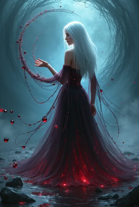 Blood River, island of broken glass. On the island stands a seductive woman with long straight hair of white color with a blue tint. her costume is woven from drops of red wine. With a movement of her hand she creates a tornado of drops of wine and glass. 