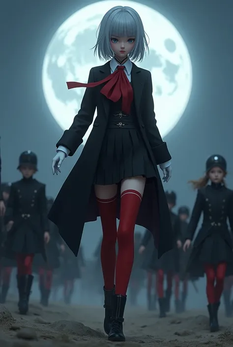 Photo of Edelgard_institution, hair ribbon, Black jacket, Black dress, Ascot, red stockings, white gloves, high-heels, Walking on the battlefield, moon, full moon, young people, teenager, (thin), small , small, 1 girl, (((3d, Video games))),Masterpiece, Be...