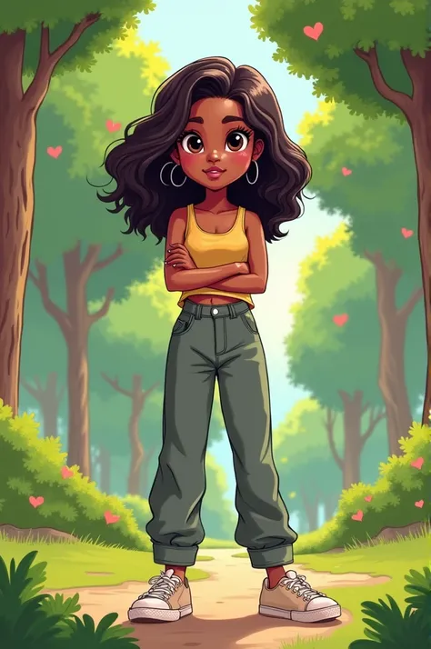 You can make a cartoon of a dark-skinned girl, with wavy hair, high, with baggy pants and a top in a park 