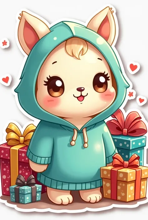 Jelly animal sticker with cute drawing style with aquamarine hoodie sweater and gift boxes that looks like hand drawing 