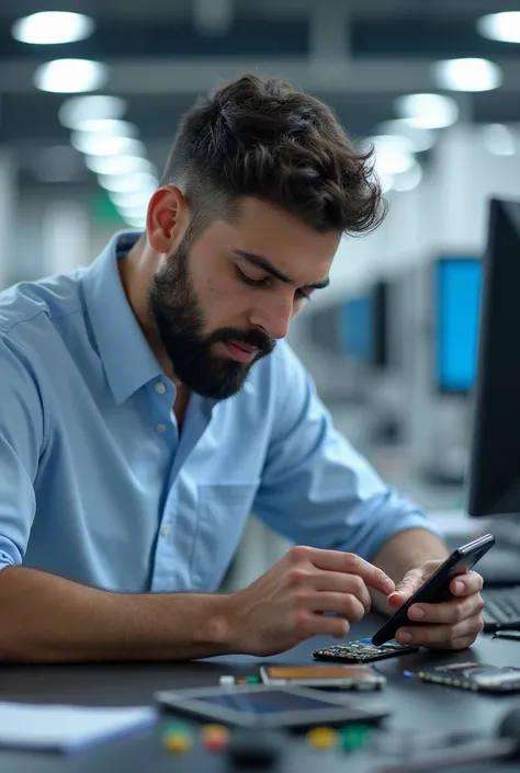 Man fixing cell phone at technical support