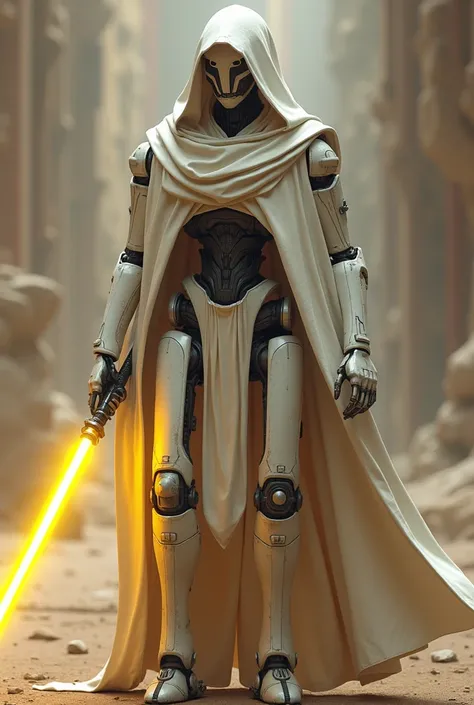 a b2 super battle droid wearing a white Jedi robe and wielding a yellow lightsaber.