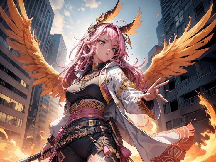 (Best Quality:1.2, Very detailed, up to date, A lonely look, Ultra-high resolution, High Contrast, masterpiece:1.2, Best Quality, Best aesthetics), cute,Pink hair and Himba traditional clothing、Phoenix and若い召喚士の少女, Black sharp gaze, Glamorous proportions, ...