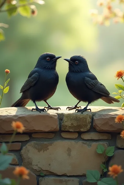 Two little blackbirds setting one a wall
