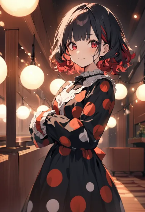 1adult girl, alone, looking at viewer, short hair, bangs, black hair, red eyes, curly hair, long sleeves, dress, holding, polka dot outfit, smiling mouth, sad face, red hair, multicolored hair, clown outfit , indoors, blunt bangs, black dress, indoors, lig...