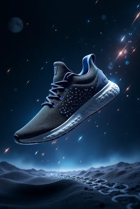 Advertisement of sneakers with star pattern at night, space, shoes with footprints in space, falling stars