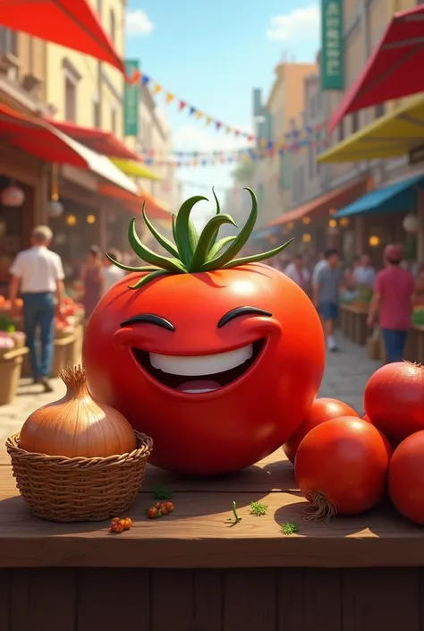 bustling marketplace full of colorful stalls and busy shoppers. The tomato is placed on a wooden counter with other vibrant red tomatoes, grinning and attracting a lot of attention. Nearby, the onion sits quietly in a basket, watching the crowd. People are...