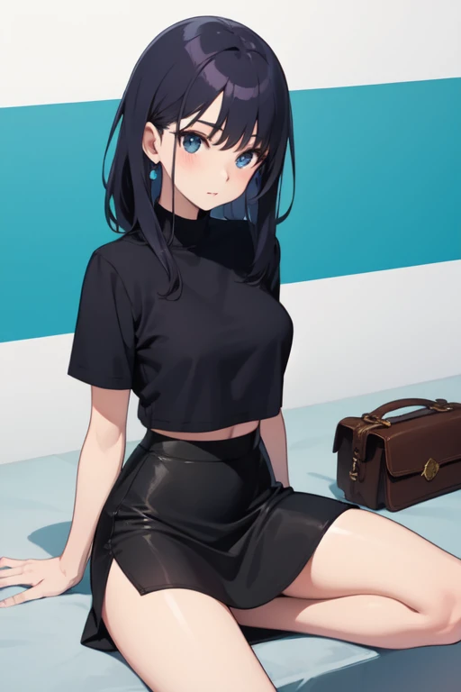 Anime woman, blue mini top, and black mini rounded skirt 