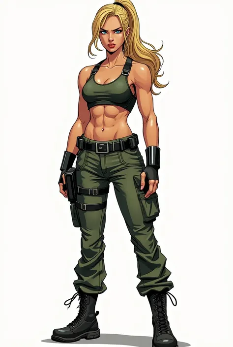 Female wearing a practical superhero costume. She has blond hair tied in a ponytail. Aim for military type of look. She should have a rather muscular/sporty body. Combat boots, slightly baggy pants allowing movement (maybe cargo)
Most important it should b...