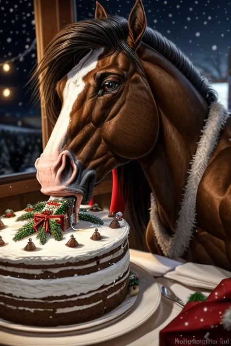 Thoroughbreds having a Christmas party at a restaurant　Thoroughbred eating Christmas cake　Horses having a Christmas drinking party at a restaurant　Horse eating Christmas cake　　Snowy night Christmas　Horse face　Thoroughbred face　There is no one here　Horse-fo...