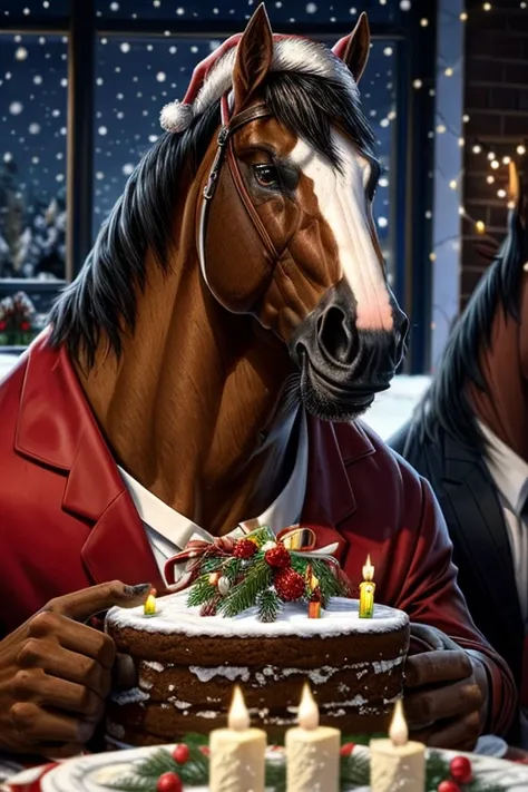 Thoroughbreds having a Christmas party at a restaurant　Thoroughbred eating Christmas cake　Horses having a Christmas drinking party at a restaurant　Horse eating Christmas cake　　Snowy night Christmas　Horse face　Thoroughbred face　There is no one here　Horse-fo...