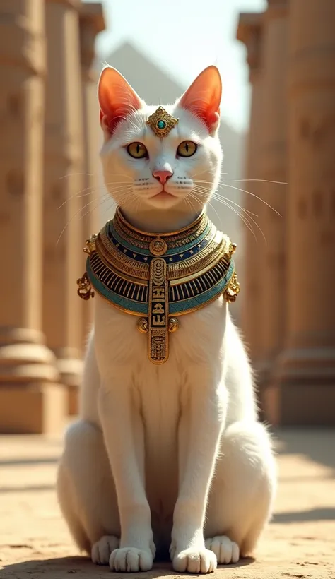 White standing cat in an Egyptian outfit 