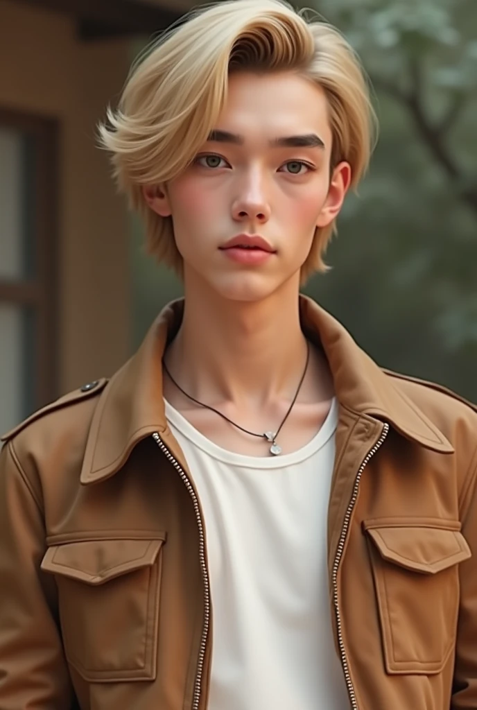 A young guy a soft, angular face structure with high cheekbones and a defined jawline. His skin appears smooth and fair. The hairstyle is medium-length, blonde, and parted down the center with the hair falling naturally on both sides. The eyebrows are ligh...