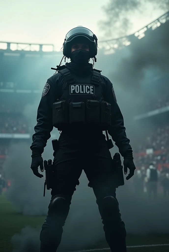 Women riot police officer with face mask.  Smoke Grenades, Black Smoke Grenades, Stadium