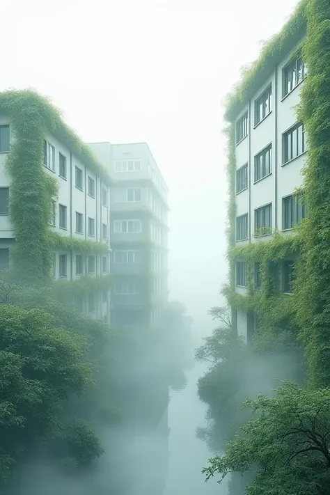 Residential area, apartment complex, complex building, Asian, white building, many windows, ivy clinging to the building, daytime, white sky, calm, scenery, foggy