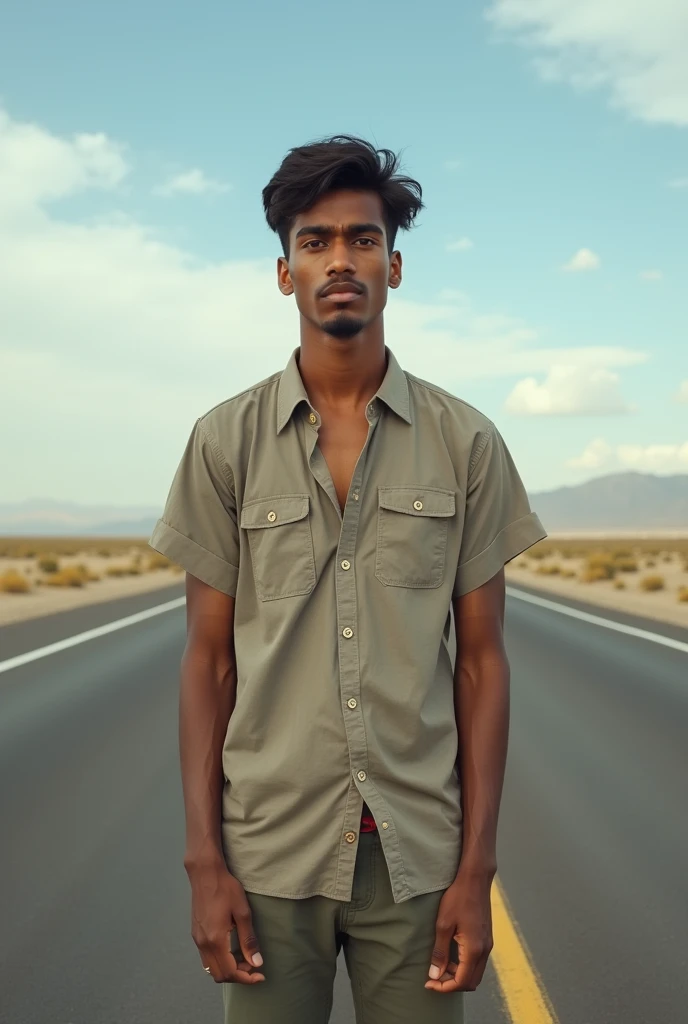 17 year indian boy standing on highway wearing  simple shirt and pant focus on camera full size 