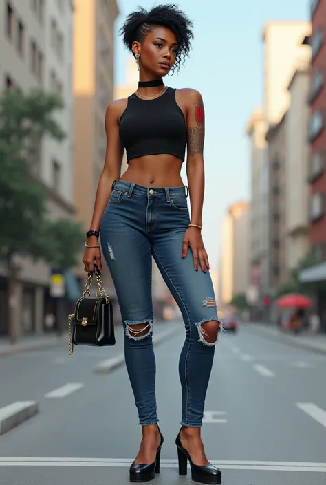 J’aimerais que tu m’envoie le relooking que j’ai imaginer pour ma femme : metisser coupe a la garçonne court et boucler avec baby hair, tatouage rouge a l’arriere l’oreille, un jean un peu skinny dechirer au niveau genou un des talon carrer a la semelle, u...