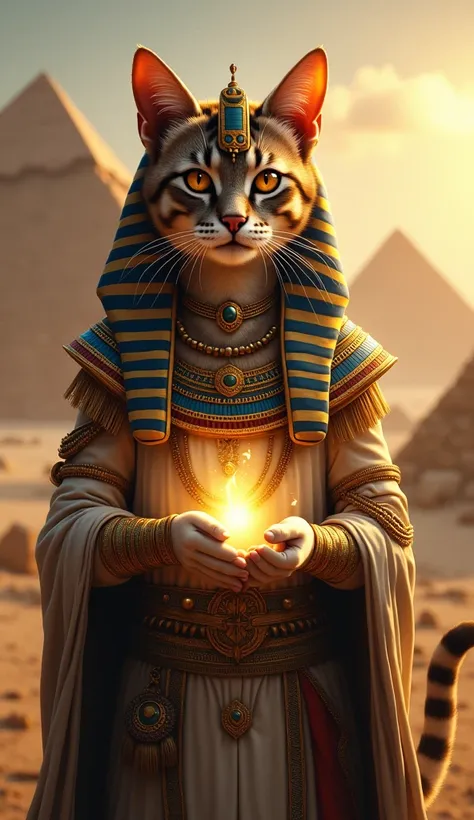 Cat in Egyptian clothing holding the three pyramids of Egypt 