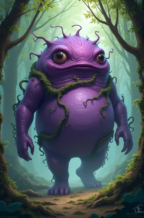 In the heart of the forest, a peculiar creature roams. Its body is a vibrant purple, towering with an almost bulbous shape, covered in twisted vines that cling to its form. Large, bulging eyes stare blankly into the distance, as if seeing far beyond the ph...