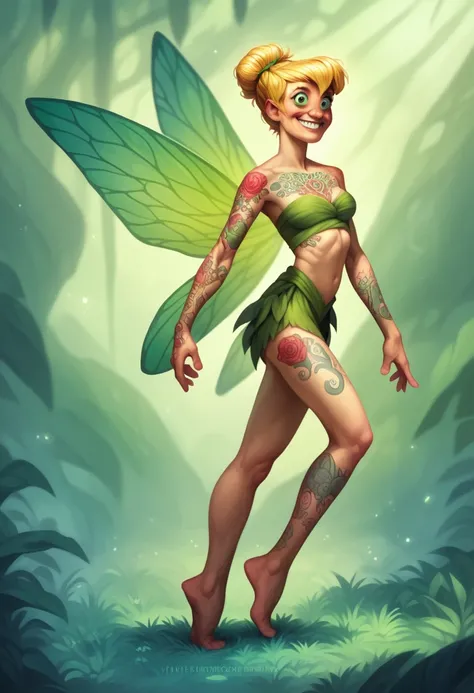 Dark Disney, Tattooed tinkerbell, full body portrait, Faury,  bare shoulders, golden blonde hair with paurple tips, messy updo, serene, calm smile, (realistic detailed eyes, natural skin texture, realistic face details), full chest tattoo, detailed tattoos...