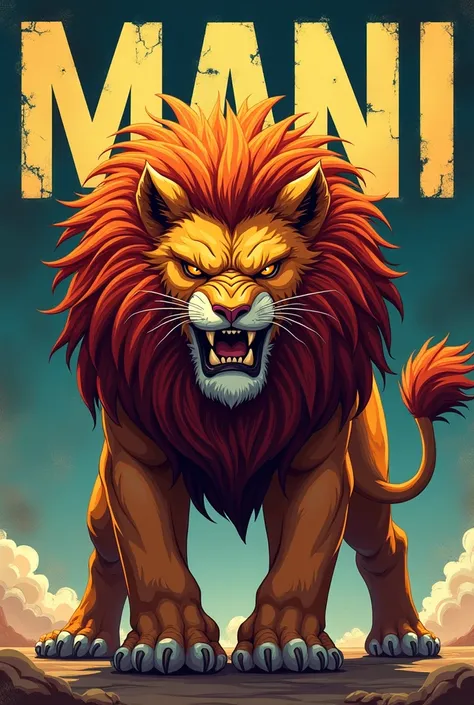  aggressive anime lion behind a background  text "MANI"