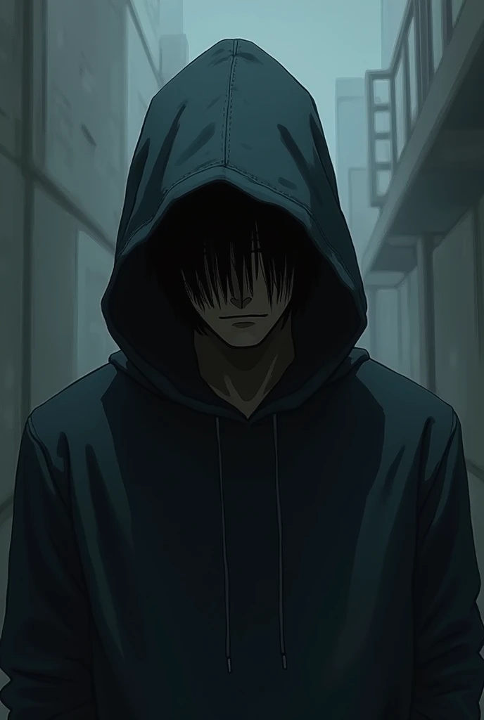 Man wearing hoodie hiding upper face in anime manga style