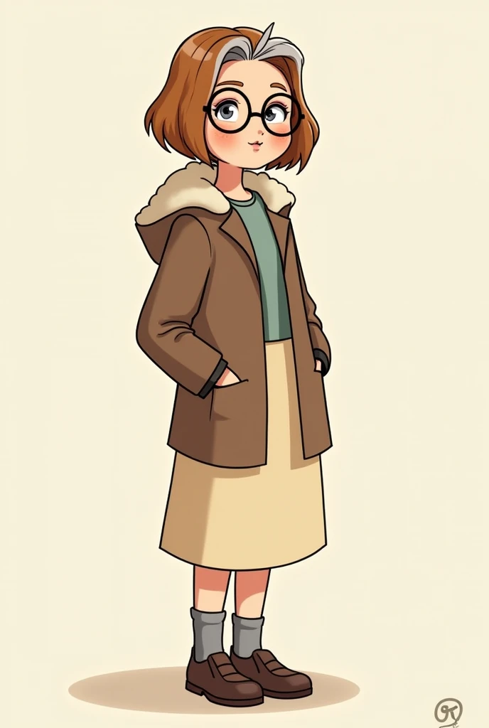 **(gravity falls style art)**
woman 
brown-orange hair,Some gray hair
short hair 
Color Gray eyes
wearing glasses.
Ankle-length skirt, cream colour, coat, beautiful coverage(colour palette)