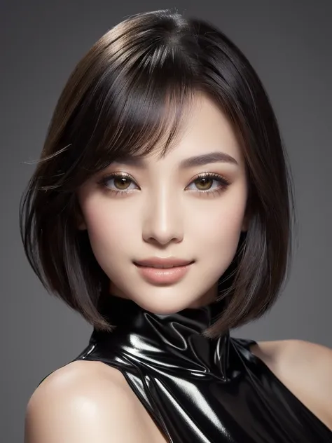 Black wall background、Gold detailed arabesque relief on background wall、Best Quality, masterpiece, Realistic, One girl,  Muscular, Very big from the waist down, Japanese, bangs, Large dark brown eyes、Oval eyes、Wide-open eyes、Cross-eyed, The pupil is closer...