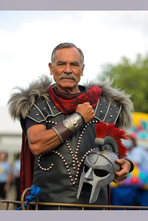 an elderly brown brazilian man with mustache and short hair dressed in gladiator outfit holding his helmet and clenched fist in 3d pixar illustration