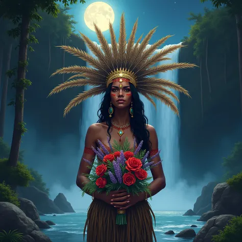 Illustration of a serious-looking Amazonian indigenous woman, dark skin with long feather headdress, with seven shining gold stars on the feathers of the headdress, red indigenous paint on the body and face, holding a bouquet of Lavender Rosemary and Roses...