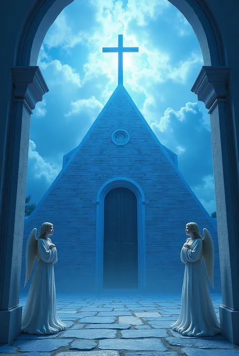 Une église en briques bleues claires, with a large cross on the rosary at the top, and left and right, des anges qui regardent vers ceux qui rentrent dans léglise, above the door also an angel who blesses. 