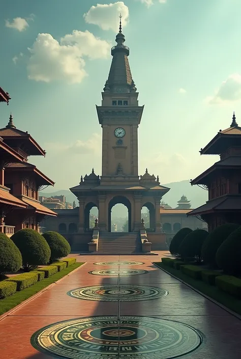 Make kathamndu Nepal   cinematic shot at royal palace of malla kingdom with Roman  architecture with modern clock tower Dharahara in the middle with madala in the street of kathamndu  in the middle of the pond and park 