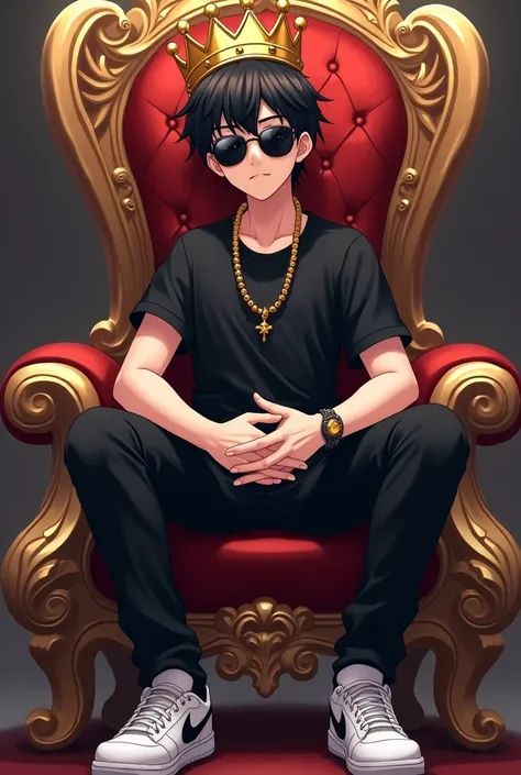 high quality, 8K Ultra HD, A beautiful boy was sitting in the king Chari and wearing a kings crown and wearing a black anime t shirt and black pant and white shoes and black sun glasses hes name is RX-J0HN-07 Instagram logo 