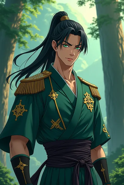 Create an anime style drawing image of a very tall and athletic man, He is handsome, has emerald green eyes and sharp gaze, marked features, She has long jet black hair with bangs styled in a ponytail, He is wearing a traditional Japanese style anime style...