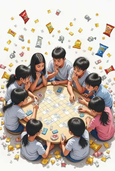 Create a sketch of 6-7 students playing board game of waste management and students are holding card and they are surrounded by paper mashes, chips packet, cholocate packet etc
