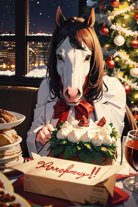 Thoroughbreds having a Christmas party at a restaurant　Thoroughbred eating Christmas cake　Horses having a Christmas drinking party at a restaurant　Horse eating Christmas cake　　Snowy night Christmas　Horse face　Thoroughbred face　There is no one here　Horse-fo...