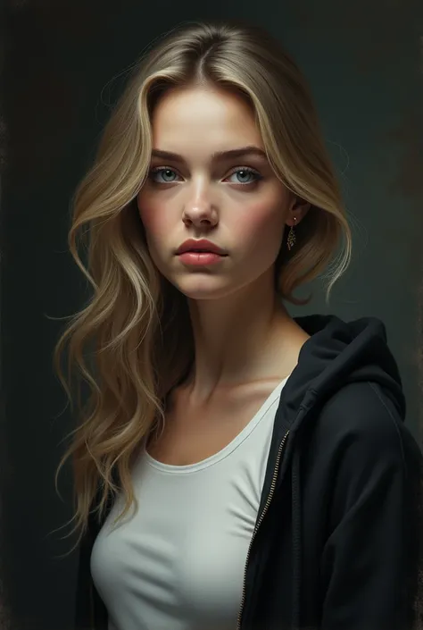 Realistic drawing of an extremely beautiful woman with dark blonde hair, blue eyes, small nose, pink lips, dressed in a white top and a black sweatshirt, with a dark and gloomy background