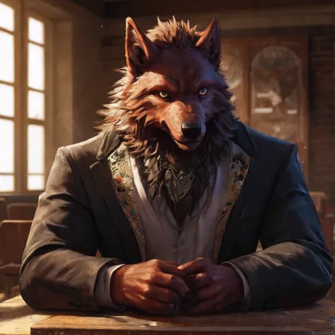 a strong werewolf student, smiling in a classroom with desk, sunlight through window, detailed face, highly detailed, 4K, photorealistic, cinematic lighting, dramatic contrast, fantasy, supernatural