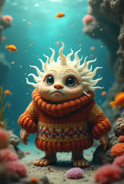 Generate a grandpa puffer fish that is releasing its toxin and has a sweater, while telling a story 