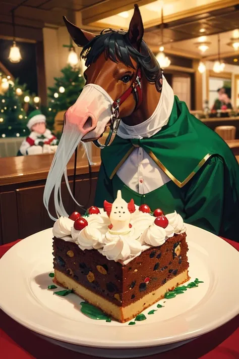 Thoroughbreds having a Christmas party at a restaurant　Thoroughbred eating Christmas cake　Horses having a Christmas drinking party at a restaurant　Horse eating Christmas cake　　Snowy night Christmas　Horse face　Thoroughbred face　There is no one here　Horse-fo...