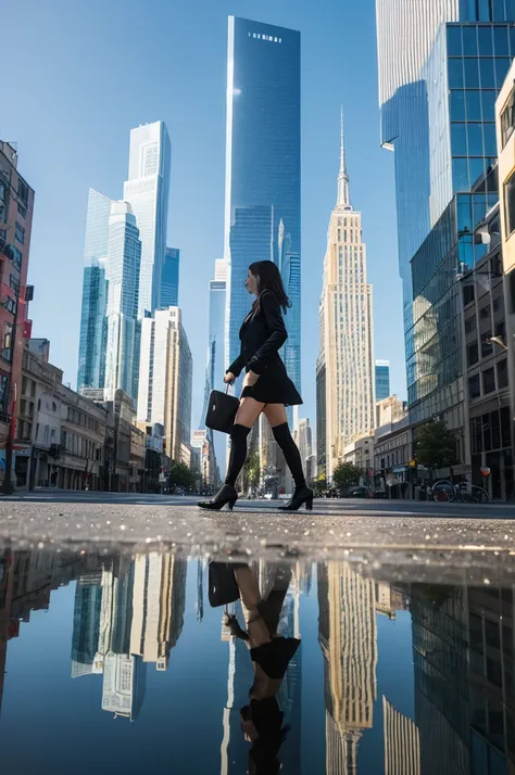 A woman walking down a city street made entirely of glass, each building and surface reflecting distorted versions of her as she passes. Her outfit is minimal, made from delicate, web-like strands of gold that barely cover her, giving her an almost mythica...