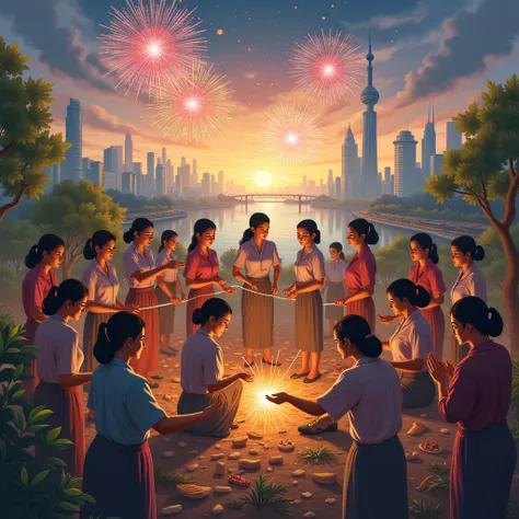 I want an image of many women working to build a better world full of happy people and with fireworks and prosperity behind it.