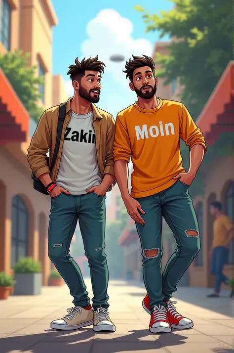 two best friend full badmashi one boy name zakir written on the shirt and another boy name moin written on the shirt 2nd real man